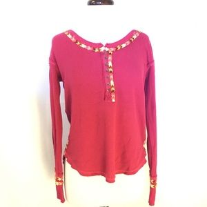We The Free Fuchsia Long Sleeve Top with Floral Trim